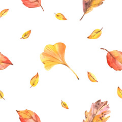 Warm seamless pattern with ginkgo leaves and autumn foliage in orange and yellow tones, created as a hand-painted watercolor illustration for fabric, wrapping, and seasonal digital projects.