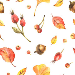Seamless hand-painted watercolor illustration featuring rose hips, acorns, and autumn leaves, ideal for seasonal fabric, wallpaper, wrapping paper, and creative cozy fall design projects.