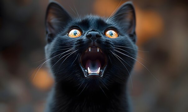 A close up of a black cat with its mouth open showing its teeth and bright yellow eyes looking up - Powered by Adobe