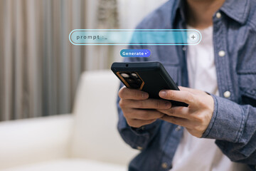 A person using a smartphone with futuristic prompt and generate interface. Concept of generative AI, mobile technology, and creative innovation powered by artificial intelligence, digital innovation