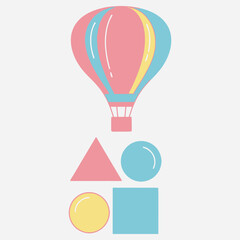 Charming pastel hot air balloon floating above a delightful arrangement of basic geometric shapes, a whimsical graphic illustration for various creative projects