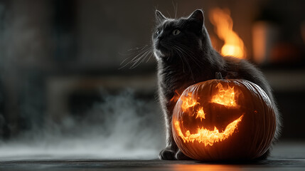 black cat sitting upright beside a flaming jack-o-lantern pumpkin on Halloween night