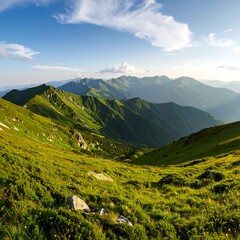 Naklejka premium Lush mountain vista at sunset
