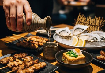 Hand pouring sake in a Japanese restaurant with yakitori and oysters.