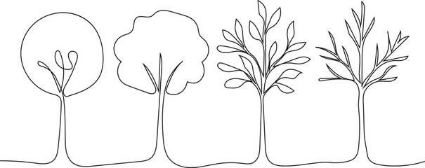 Continuous line art of one tree shown in four seasons: spring, summer, autumn, and winter, simple minimal design