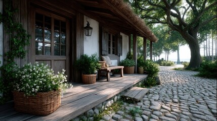 Obraz premium Charming Traditional Village House with Thatched Roof and Stone Path in Sunny Weather