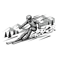 Vector cartoon illustration of a man and woman skier jumping in silhouette on a snowy roof with an arrow pointing up
