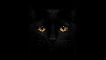 Black Cat Face with Glowing Yellow Eyes in Darkness
