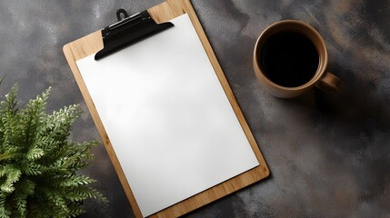 A minimalist flat lay arrangement featuring a wooden clipboard with blank white paper a coffee mug and a green plant on a dark textured surface
