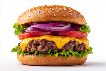 Delicious fresh American food. Photoshoot of American cheeseburger on white background. photo of juicy burger with lettuce, tomatoes and cheese. Photography of homemade tasty burger.