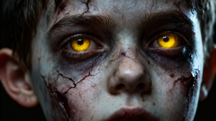 Eerie portrait of a young zombie with glowing yellow eyes, a chilling Halloween theme.