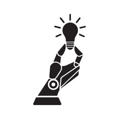 Robotic hand holding glowing light bulb of innovation and artificial intelligence silhouette