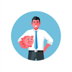 A smiling businessman holding a piggy bank, symbolizing successful financial savings and business investment