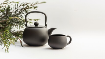 Morning Beverage Essentials: Hot Tea Teapots, Black Coffee Mugs, White China Saucers & Empty Clay Jugs