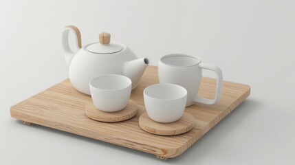 Morning Beverage Essentials: Hot Tea Teapots, Black Coffee Mugs, White China Saucers & Empty Clay Jugs