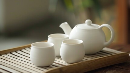 Morning Beverage Essentials: Hot Tea Teapots, Black Coffee Mugs, White China Saucers & Empty Clay Jugs