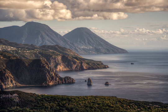 The volcano stromboli belongs to the archipelago of the aeolian islands. Picturesque view of volcano Stromboli in Italy. Stromboli is one of the most active volcanoes in the world