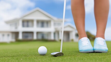 Close-up of female golfer putting on green near luxury home