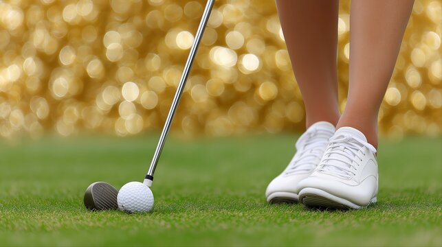Female golfer preparing to putt on green with bokeh background