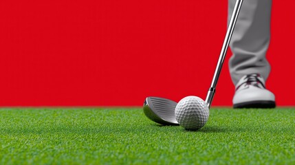 Close-up of golf club and ball on green turf with red background