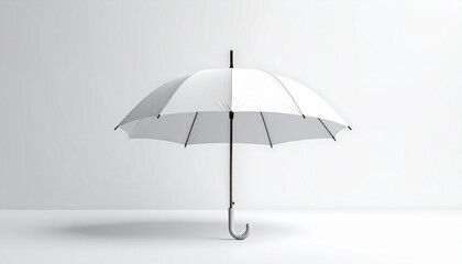 Minimalist white umbrella with a curved black handle standing upright against a light gray background