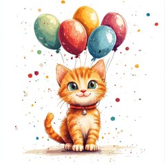 Funny cartoon party cat with balloons isolated over white background. Colorful joyful greeting card for birthday or other festive events. Created with, Generative AI