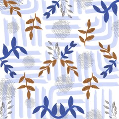 Seamless Abstract Botanical Pattern with Blue and Brown Leaves on Geometric Background