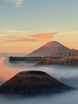 Five volcanos,Gunung Semeru,Mount Bromo, Mt Kursi, Mt Watangan, Mt Widodaren, laying in line in Bromo National Park.