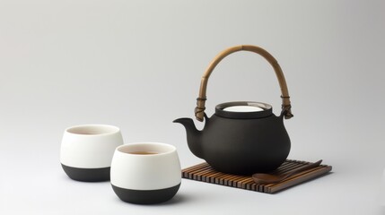 Morning Beverage Essentials: Hot Tea Teapots, Black Coffee Mugs, White China Saucers & Empty Clay Jugs