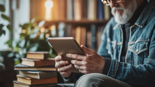 Digital Reading: An aged person is engrossed in the digital world on a tablet, surrounded by the traditional comfort of stacked books, blending the past and present.