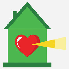 Illustrative concept depicting a green house with a radiant red heart, symbolizing love, care, safety, and emotional well-being radiating positivity from home
