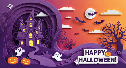 Happy Halloween banner with a haunted house, ghosts, pumpkins, and bats in paper cut-out style