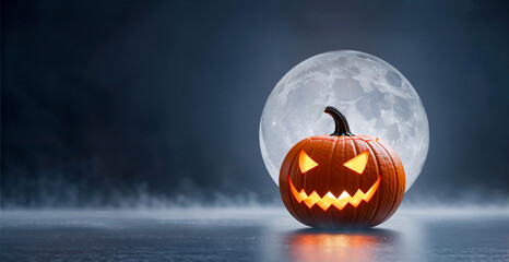 Spooky glowing jack-o'-lantern on a misty background with a large full moon, perfect for halloween