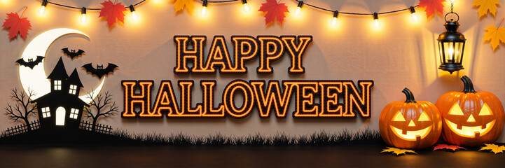 Happy Halloween banner with a haunted house, glowing pumpkins, and lights, on a rustic background