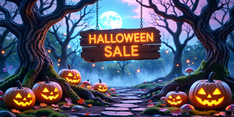 Halloween sale banner with a glowing sign, carved pumpkins, and an enchanted forest path at night