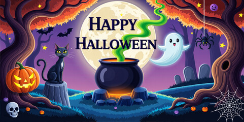 Happy Halloween banner with a black cat, ghost, and cauldron, in a whimsical and colorful illustration