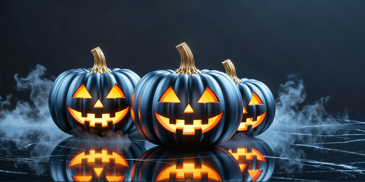Three black and gold jack-o'-lanterns with glowing faces on a foggy, reflective surface