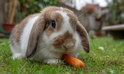 Adorable rabbit/bunny, brown and gray eating carrot. Domestic rabbit grazing on the grass