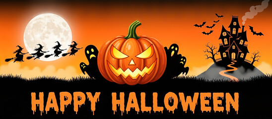 Happy Halloween banner with a scary pumpkin, spooky house, flying witches, and ghosts against an orange sky