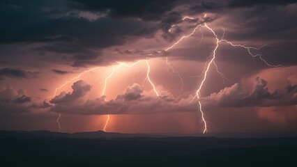 A dramatic lightning storm illuminates dark clouds over a vast landscape, creating a cinematic natural spectacle.