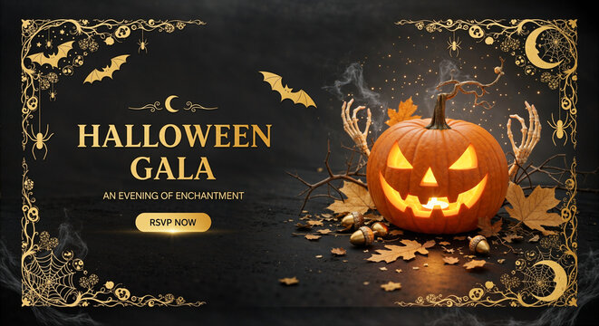 Elegant Halloween gala invitation banner with a glowing pumpkin, skeleton hands, and a vintage gold frame