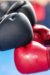 Boxing gloves touching, ready to start de combat. . High quality photo