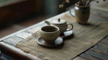 Morning Beverage Essentials: Hot Tea Teapots, Black Coffee Mugs, White China Saucers & Empty Clay Jugs