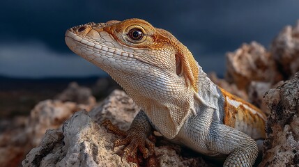 Fototapeta premium Stunning close-up of a vibrant lizard basking on textured rocks with a dramatic twilight sky creating a captivating natural portrait.