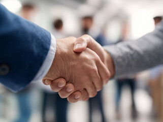 Handshake of business partners on the background of the office. Happy businessman shaking hands with his business partner.