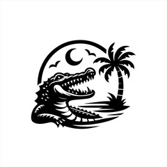 Stylized black and white alligator with palm tree and moon