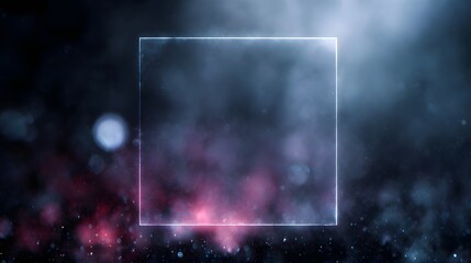 Transparent square frame in abstract cosmic smoke background with glowing particles and bokeh lights