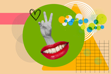 Collage of a woman mouth with red lips and a hand with victory gesture on a green circle on a colored background with colored circles
