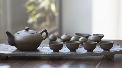 Morning Beverage Essentials: Hot Tea Teapots, Black Coffee Mugs, White China Saucers & Empty Clay Jugs
