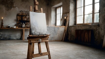 An empty canvas rests on a weathered wooden easel in a rustic art studio bathed in soft diffused light